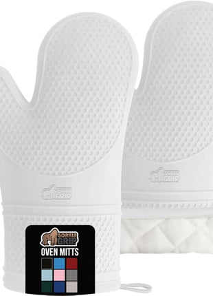 GORILLA GRIP BPA-Free Soft Silicone Oven Mitts, Heat Resistant and Waterproof Cooking Gloves, Thick Cotton Lining, Flexible Gripping for Baking Grilling, Kitchen Potholders Set of 2, 12.5x8.3, White