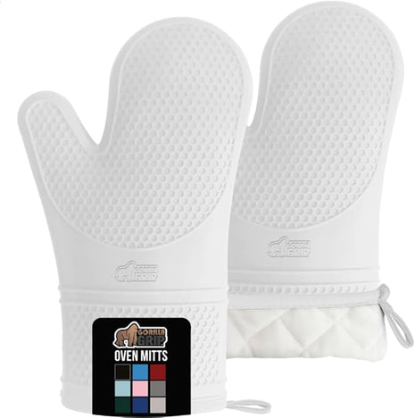 GORILLA GRIP BPA-Free Soft Silicone Oven Mitts, Heat Resistant and Waterproof Cooking Gloves, Thick Cotton Lining, Flexible Gripping for Baking Grilling, Kitchen Potholders Set of 2, 12.5x8.3, White
