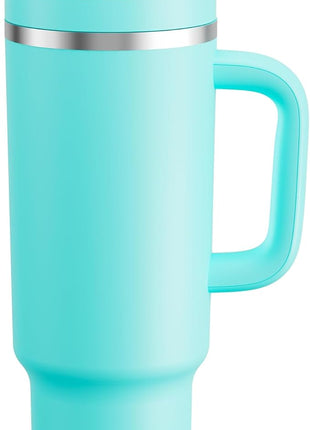 40 oz Tumbler with Handle and Straw: Stainless Steel Insulated Tumbler Keeps Cold for 24 Hours, Leakproof Travel Cup Fits in Cup Holder and BPA-Free,Aquamarine Blue