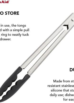 KitchenAid Silicone Tipped Stainless Steel Tongs, 12 Inch, Black