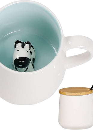 BigNoseDeer Zebra Mug Cute Mugs with 3D Zebra Inside Ceramic Coffee Mug Tea Cup with Spoon and Lid Cool Stuff Birthday Mother's Day Cute Gifts for Women Kids 12oz（Zebra）