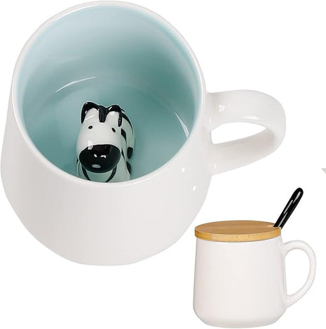 BigNoseDeer Zebra Mug Cute Mugs with 3D Zebra Inside Ceramic Coffee Mug Tea Cup with Spoon and Lid Cool Stuff Birthday Mother's Day Cute Gifts for Women Kids 12oz（Zebra）