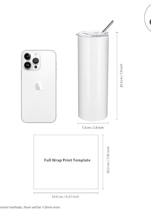 PYD Life Sublimation Blanks Skinny Tumbler White 20 OZ Straight Stainless Steel with Metal Straw for Mug Tumbler Heat Press Machine Sublimation Printing 4 Pack