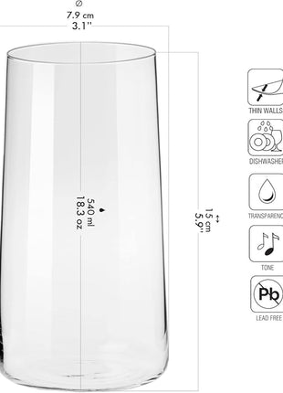 Krosno Tall Water Glasses, Set of 6, 18.3 oz, Avant-Garde Collection, Lightweight Crystal Glass, Perfect for Everyday, Dishwasher Safe, Made in Europe
