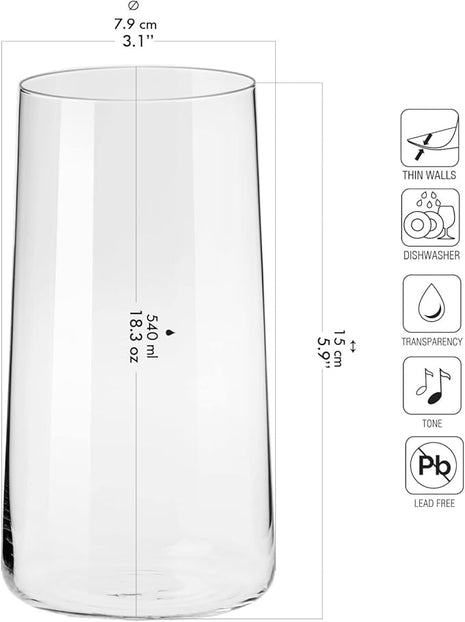 Krosno Tall Water Glasses, Set of 6, 18.3 oz, Avant-Garde Collection, Lightweight Crystal Glass, Perfect for Everyday, Dishwasher Safe, Made in Europe