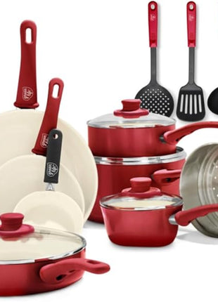 GreenLife 16 Piece Nonstick Cookware Set, Soft Grip Non-Toxic PFAS-Free Ceramic Pots & Pans, Dishwasher & Oven Safe, Frying, Sauce, Saute, Utensils, Glass Lids, Stay-Cool Handles, Wobble Free, Red