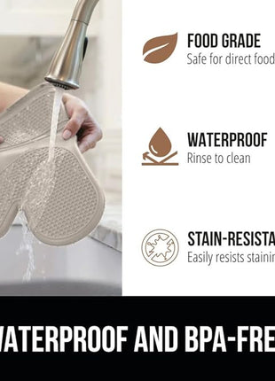 GORILLA GRIP BPA-Free Soft Silicone Oven Mitts and Pot Holders Sets of 4, Heat Resistant Waterproof Cooking Gloves, Thick Cotton Lining, Flexible Gripping for Baking Grilling, Kitchen Trivets, Almond