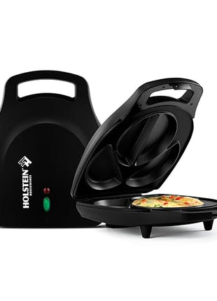 Holstein Housewares Stainless Steel 4 Section Omelet Maker, Non Stick Coating, Mess Free Cooking, Easy Cleaning, Indicator Lights, Upright Storage & Anti Slip Feet For Quick Meals. 4 Portions, Black
