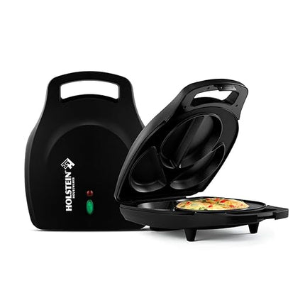 Holstein Housewares Stainless Steel 4 Section Omelet Maker, Non Stick Coating, Mess Free Cooking, Easy Cleaning, Indicator Lights, Upright Storage & Anti Slip Feet For Quick Meals. 4 Portions, Black