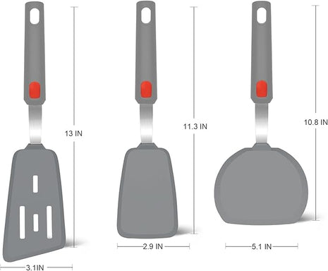 Silicone Spatula Turner Set of 3, Beijiyi 600°F Heat Resistant Cooking Spatulas for Nonstick Cookware, Large Flexible Kitchen Utensils BPA Free Rubber Spatula Set for Egg, Pancake, Fish (Gray)