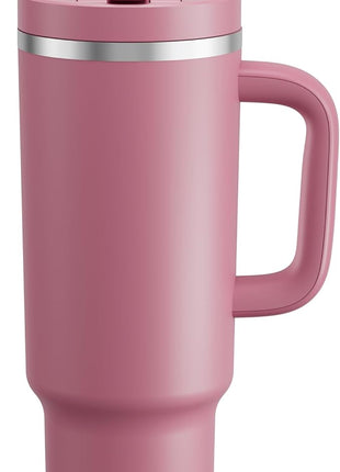 40 oz Tumbler with Handle and Straw: Stainless Steel Insulated Tumbler Keeps Cold for 24 Hours, Leakproof Travel Cup Fits in Cup Holder and BPA-Free,Turkish Rose