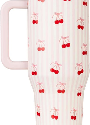 HydroJug Traveler - 40 oz Water Bottle with Handle & Flip Straw - Fits in Cup Holder, Leak Resistant Tumbler-Reusable Insulated Stainless Steel & Rubber Base - Gifts for Women & Men, Sweet Cherry