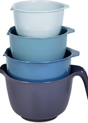 Glad Mixing Bowls with Pour Spout, Set of 4 - Nesting Plastic Bowls (1.2qt, 1.9qt, 2.8qt, and 3qt with Handle) - Non Slip Base, Dishwasher Safe Kitchen Cooking and Baking Supplies, Blue