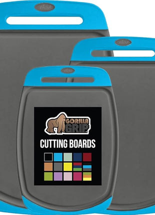 GORILLA GRIP BPA-Free Reversible Kitchen Cutting Board Set of 3, US Designed, Nonporous, Juice Grooves Catch Liquid, Slip Resistant Border, Dishwasher Safe, Durable Food Chopping Boards, Aqua Gray
