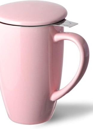 Sweejar Porcelain Tea Infuser Cup with Lid, 16 oz Tea Cup with Strainers for Loose Leaf Tea, Microwave and Dishwasher Safe Coffee Mug, Tea Steeping Mug for Tea Drinkers,Christmas Gift (Pink)