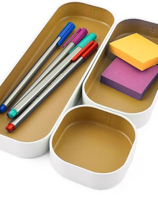 Three by Three Seattle 3 Piece Shallow Metal Organizer Tray Set for Storing Makeup, Stationery, Utensils, and More in Office Desk, Kitchen and Bathroom Drawers (1 Inch, Gold and White)