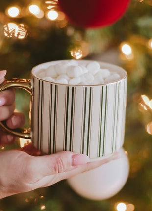 Sweet Water Decor Green Stripe Coffee Mug, 14oz China Christmas Mug with Gold Handle, Large Holiday Winter Cup for Coffee, Tea & Hot Chocolate, Stocking Stuffer Gifts for Women