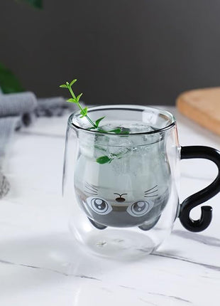 Black Cat Mug Cute Mug with Handle Double Walled Coffee Mugs Kawaii Cat Presents for Women Glass Mugs Tea Cup Cute Birthday Gifts for Cat Lovers Ideas Halloween Christmas