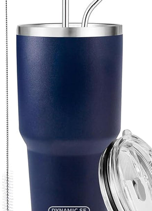 D·S 30 oz Navy Tumbler Stainless Steel Double Wall Vacuum Insulated Mug with Straw and Lid, Cleaning Brush for Cold and Hot Beverages