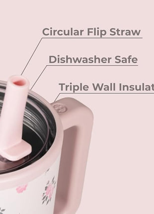 HydroJug Traveler - 40 oz Water Bottle with Handle & Flip Straw - Fits in Cup Holder, Leak Resistant Tumbler-Reusable Insulated Stainless Steel & Rubber Base - Gifts for Women & Men, Wildrose