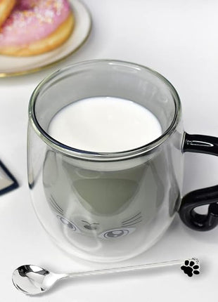 Black Cat Mug Cute Mug with Handle Double Walled Coffee Mugs Kawaii Cat Presents for Women Glass Mugs Tea Cup Cute Birthday Gifts for Cat Lovers Ideas Halloween Christmas