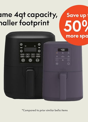 bella 4Qt Slim Air Fryer, Fits-anywhere™ Kitchenware, EverGood™ Ceramic Nonstick Coating, Adjustable Temperature, 6 Preset Cooking Options, 60 Min Auto Shutoff w Audible Tone, 3.3lb Capacity, Plum