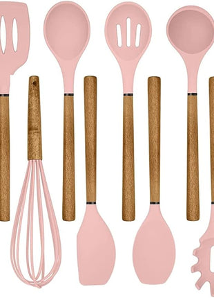 Country Kitchen Non Stick Silicone Utensil Set with Rounded Wood Handles for Cooking and Baking, 8 Piece Set, Pink