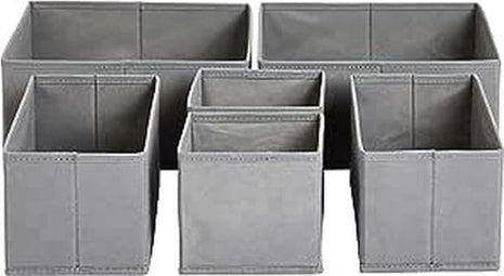 Amazon Basics Cloth Drawer Storage Organizer Boxes for Socks, Underwear and Baby Items, Set of 6, Gray