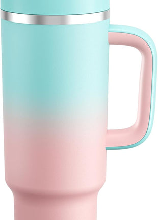 40 oz Tumbler with Handle and Straw: Stainless Steel Insulated Tumbler Keeps Cold for 24 Hours, Leakproof Travel Cup Fits in Cup Holder and BPA-Free, Cherry Blossom