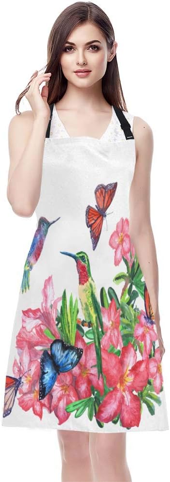EKOBLA Hummingbirds Aprons Watercolor Painting Butterflies Blossoming Flowers Colorful Waterproof Resistant Chef Cooking Kitchen BBQ Adjustable Aprons for Women Men 27x31 Inch