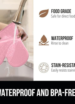 GORILLA GRIP BPA-Free Soft Silicone Oven Mitts, 14.5x8.3, Heat Resistant and Waterproof Cooking Gloves, Thick Cotton Lining, Flexible Gripping for Baking Grilling, Kitchen Potholders Set of 2, Pink