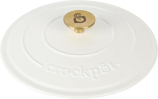 Crock Pot Artisan 6-Quart Round European Enameled Dutch Oven Pot With Lid - Matte Linen White w/Gold Knob