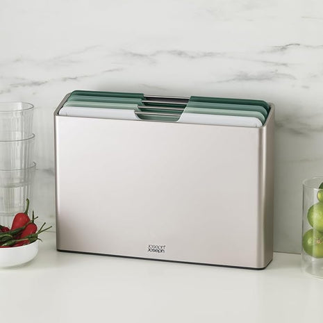 Joseph Joseph Folio 4-Piece Colour coded Cutting Board Set, Slimline case for organized Kitchen storage, Sage Green