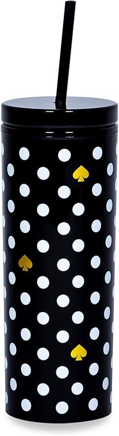 kate spade new york Insulated Tumbler with Reusable Straw, Black 24 Ounce Acrylic Travel Cup with Lid, Polka Dots