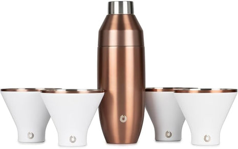Snowfox Premium Vacuum Insulated Stainless Steel 22oz Cocktail Shaker and 4 Martini Glass Set, Home Bar Accessories, Elegant Drink Mixer, Leak Proof Lid & Built In Strainer, Gift Box, White/Gold