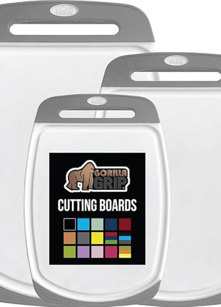 GORILLA GRIP BPA-Free Reversible Kitchen Cutting Board Set of 3, Nonporous, Juice Grooves to Catch Liquid, Slip Resistant Handle Border, Dishwasher Safe, Durable Large Food Chopping Boards, Gray