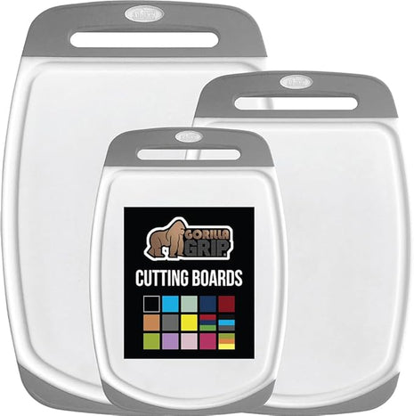 GORILLA GRIP BPA-Free Reversible Kitchen Cutting Board Set of 3, Nonporous, Juice Grooves to Catch Liquid, Slip Resistant Handle Border, Dishwasher Safe, Durable Large Food Chopping Boards, Gray
