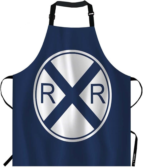 EKOBLA Traffic Sign Aprons Train Railroad Crossing Dark Blue White Waterproof Resistant Chef Cooking Kitchen BBQ Adjustable Aprons for Women Men 27x31 Inch