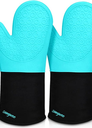 sungwoo Extra Long Silicone Oven Mitts, Heat Resistant Oven Gloves with Quilted Liner Non-Slip Textured Grip Perfect for BBQ, Baking, Cooking and Grilling - 1 Pair 14.6 Inch Turquoise & Black