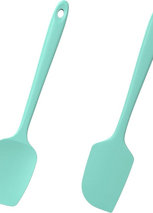 2-Piece Silicone Scraper & Spoon Spatulas: Doosu 600°F Heat Resistant Food Grade BPA Free Rubber Baking Flat Spatula Kitchen Cooking Spoonula for Mixing Scraping Folding Stirring Serving (Aqua Sky)