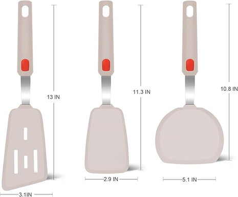 Beijiyi Silicone Spatula Turner Set of 3, 600°F Heat Resistant Nonstick Turner Spatulas for Kitchen Use, Large Flexible Silicone Cooking Utensils Rubber Spatula Set for Egg, Pancake, Fish (Khaki)