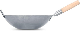 Craft Wok Flat Hand Hammered Carbon Steel Pow Wok with Wooden and Steel Helper Handle (14 Inch, Flat Bottom) / 731W316