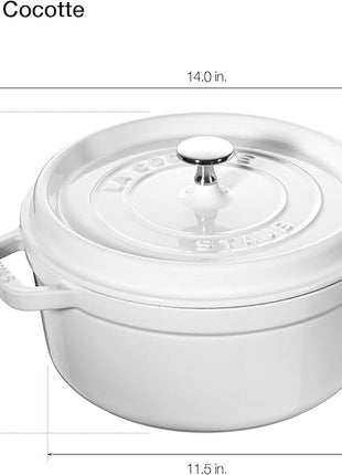 STAUB Cast Iron Dutch Oven 7-qt Round Cocotte, Serves 7- 8, Made in France, White