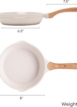 JEETEE 8 Inch Nonstick Frying Pan, Stone Coating Cookware, Nonstick Omelette Pan with Heat-Resistant Handle, Compatible with All Stoves (Beige)