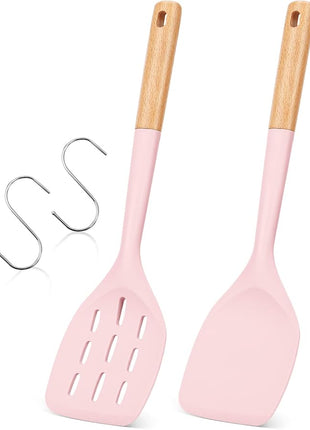 Pack of 2 Silicone Spatula, Non Stick Cooking Utensil Set Wooden Handle Kitchen Turner for Baking Mixing Grilling Serving Food Heat Resistant Non Scratch Hooks Included (Pink)