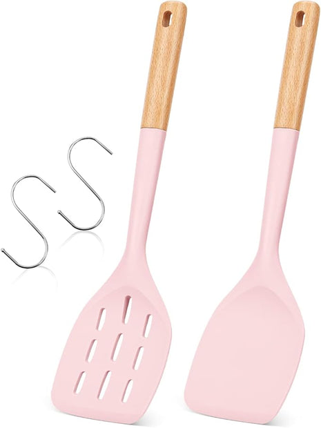 Pack of 2 Silicone Spatula, Non Stick Cooking Utensil Set Wooden Handle Kitchen Turner for Baking Mixing Grilling Serving Food Heat Resistant Non Scratch Hooks Included (Pink)