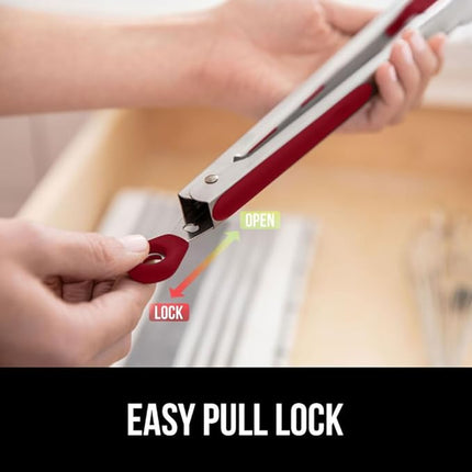 GORILLA GRIP Stainless Steel Heat Resistant Kitchen Tongs for Cooking, Set of 2 BBQ Tong, Non Scratch Silicone Tip for Pans, Strong Grip, Grab Food, Toss Salad, Air Fryer, Pull Lock, 7 + 9 Inch, Red