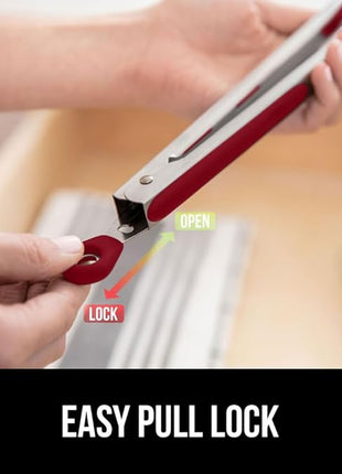 GORILLA GRIP Stainless Steel Heat Resistant Kitchen Tongs for Cooking, 9 + 12 Inch, Set of 2 BBQ Tong, Non Scratch Silicone Tip for Pan, Strong Grip, Grab Food, Toss Salad, Air Fryer, Pull Lock, Red