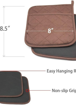 Cotton and Neoprene Oven Pads Pot Holders with Pocket 8"x8.5" Dual-Function Hot Pad Set for Finger Hand Wrist Protection Heat Resistant to 428°F Brown