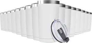 16 Pack 20oz Tumbler Vacuum Insulated Travel Mug with Lids, Stainless Steel Double Wall Bulk Cup for Home, Office, Outdoor Suitable for Vehicle Cup Holders (White)